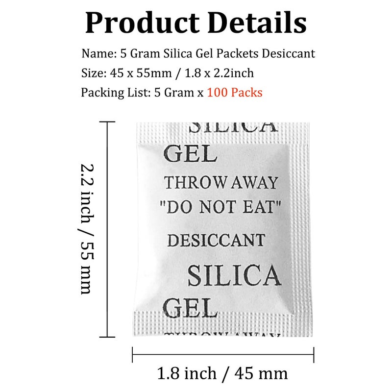 SmaringWing 100PCS 5 Gram Premium Silica Gel Packets, Desiccant Packs for Storage, Moisture Absorbers, Humidity Dry Bags, Rechargeable Transparent Silicone Dessicants Dehumidifier for Electronics, Shoes, Jewelry - Image 2